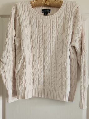 Lands' End Cable-Knit Crewneck Sweater in Pale Cream
